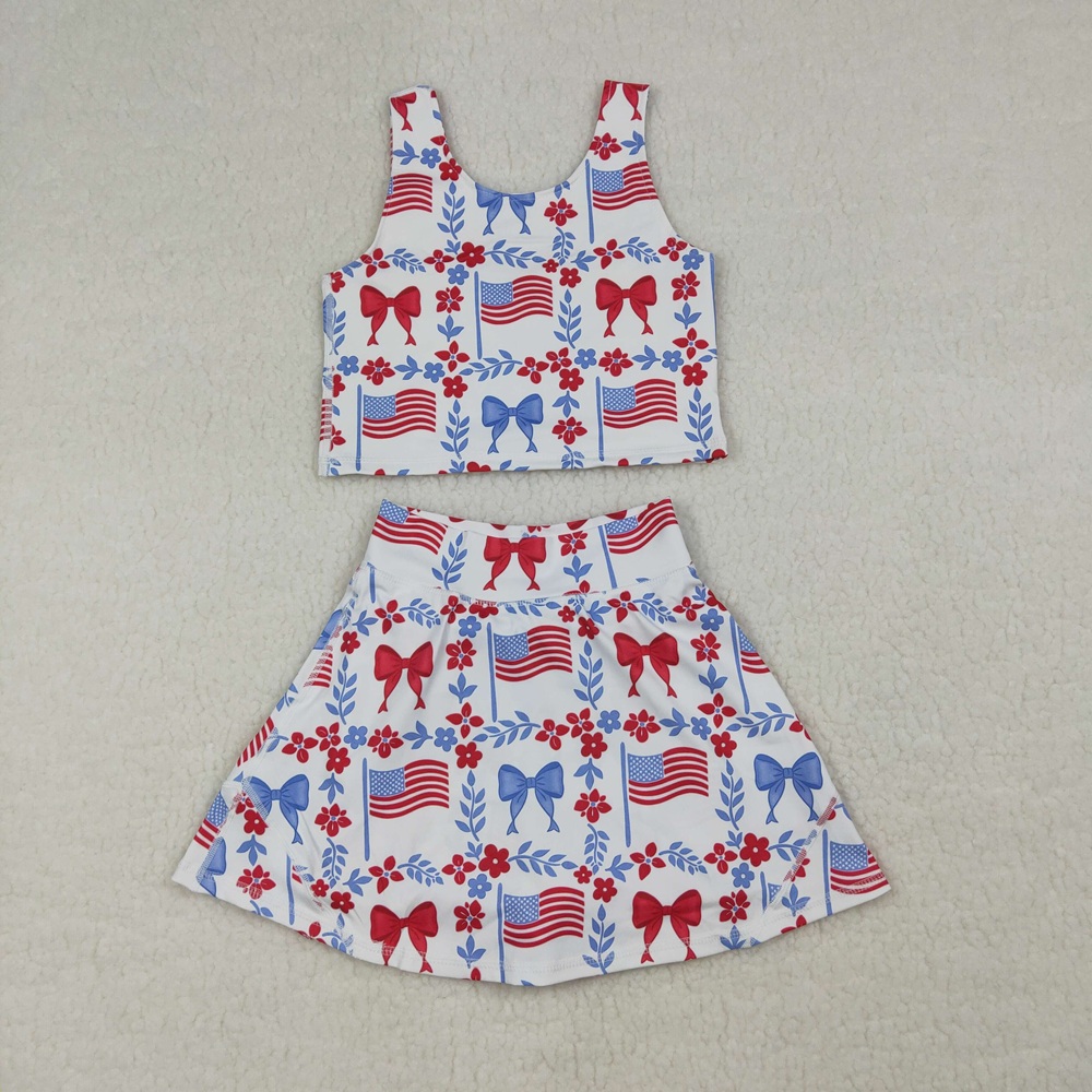 Baby Clothing Wholesale - Großhandel Kleinkinder Flaggen-Schleifen-Shirt-Rock-Shorts-Set Sportbekleidung Baby Mädchen